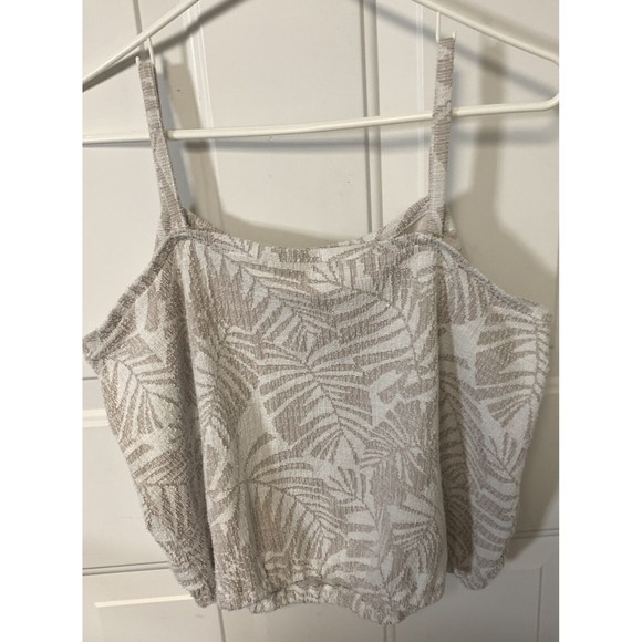 Loft Crop Top Textured Cream & Beige Tropical Leafy Pattern Elastic Hem Sz L - Picture 2 of 6